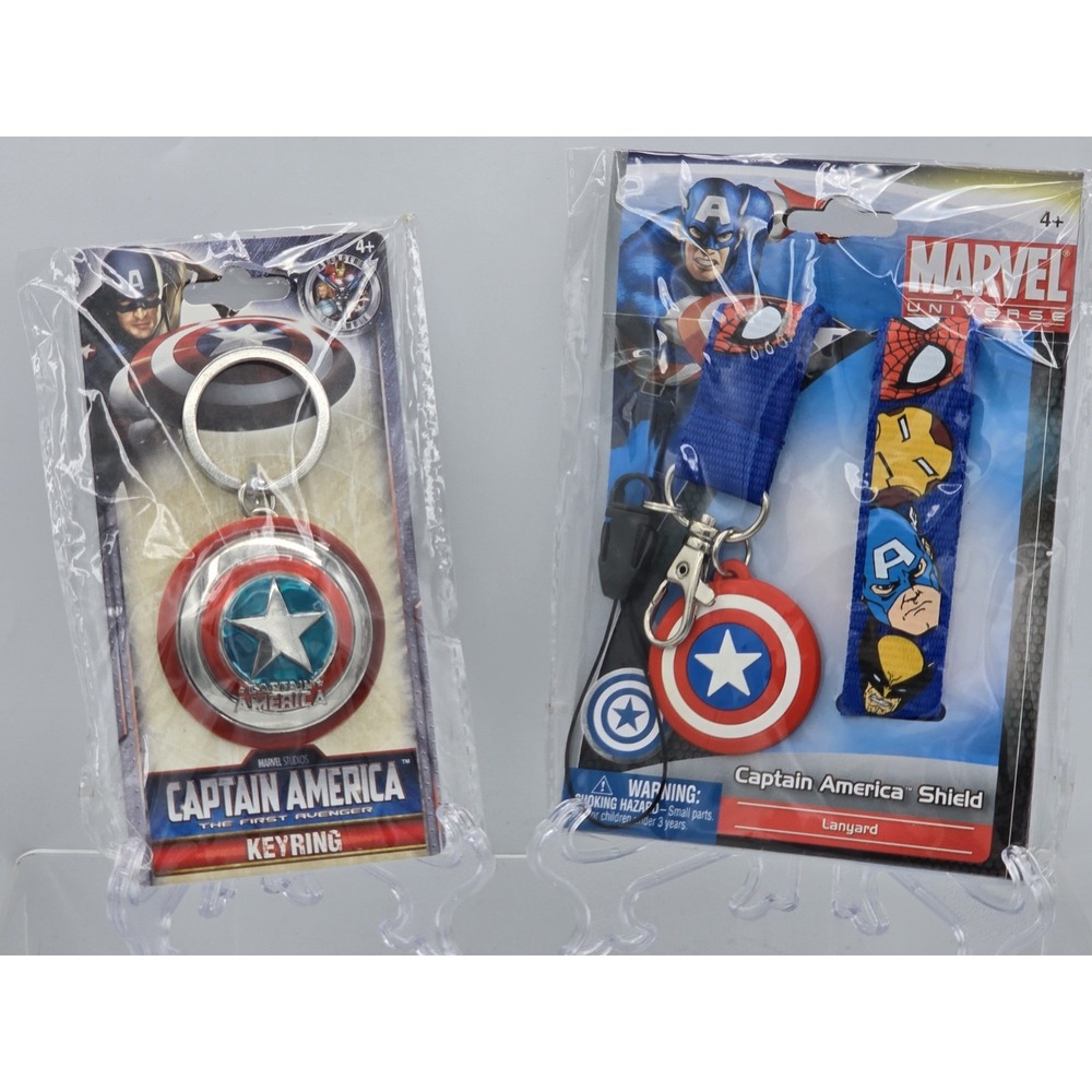 2 Lot Marvel Captain America Shield Pewter Key Ring NEW SEALED &‎ Lanyard!